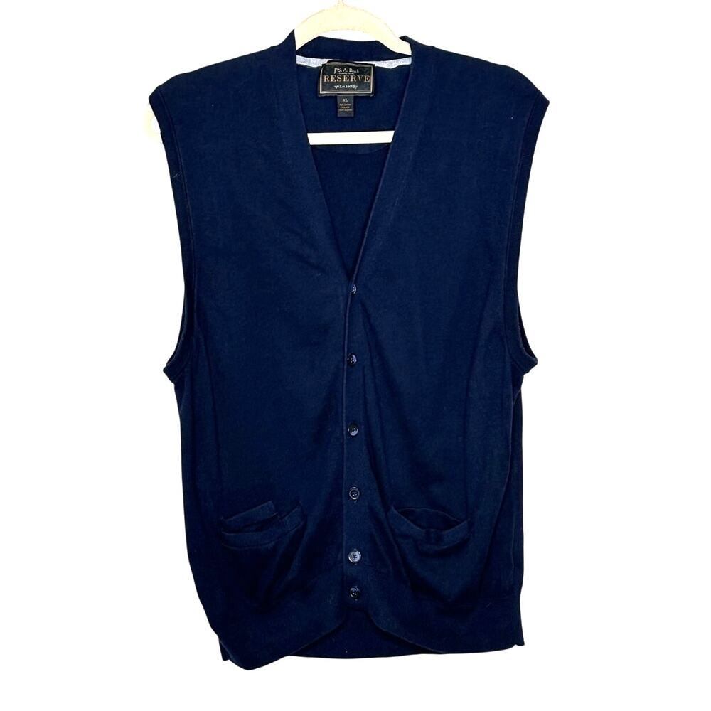 Jos A Bank Reserve Mens XL Navy Blue Cotton Silk Knit Button Vest Pockets Career